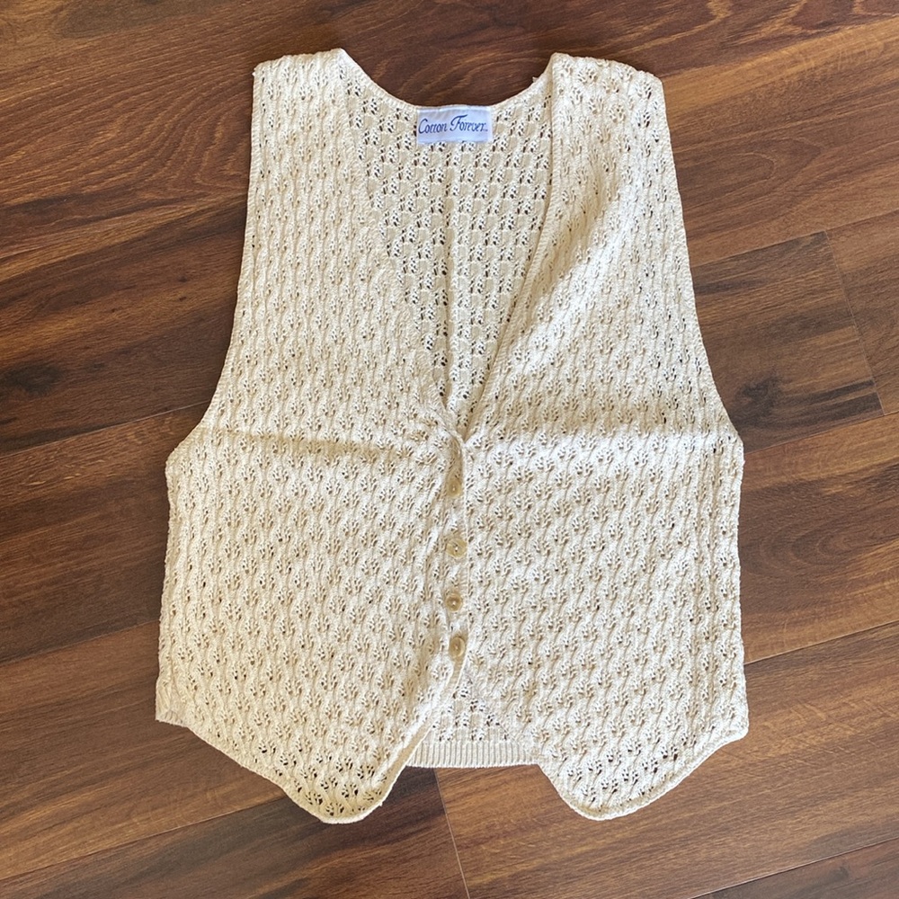 VTG 100% Open Knit Cotton Button Vest V-Neck Cream
